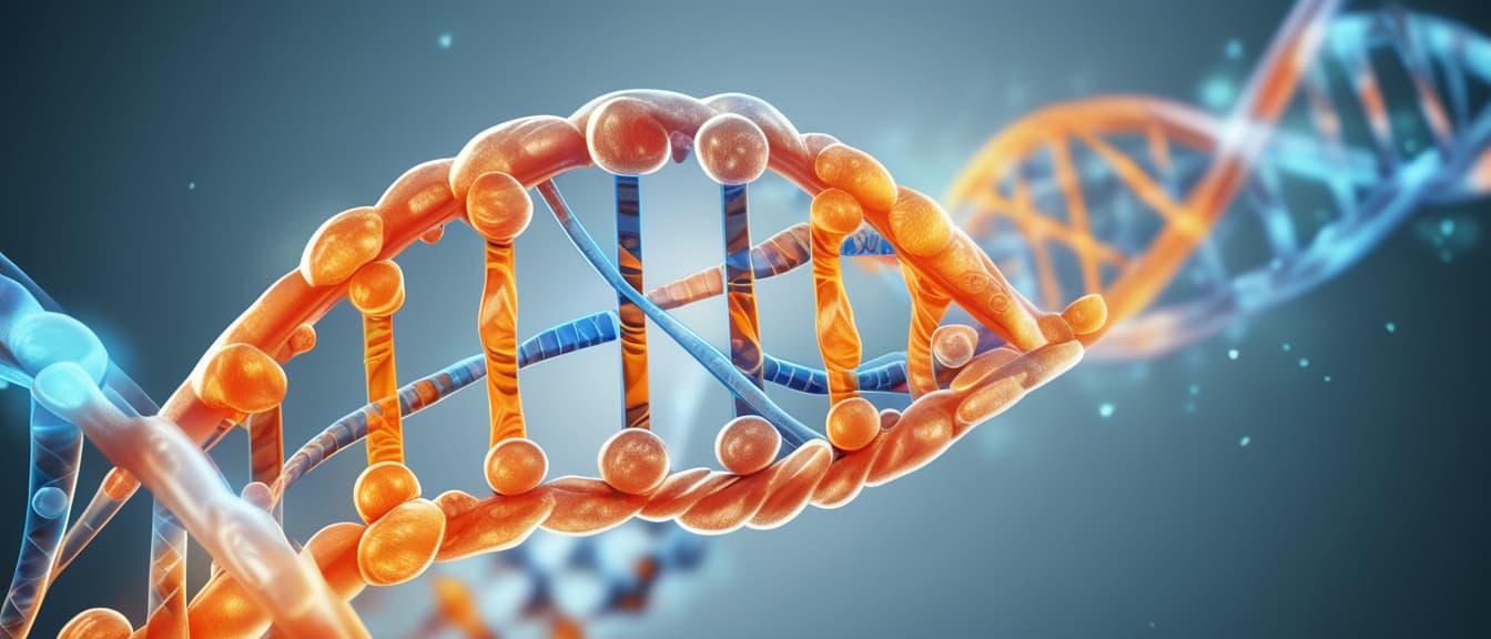  best quality, HD, Scientific background with blue and orange DNA, banner with copy space