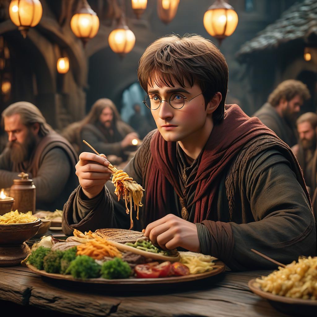  cinematic photo Harry Potter eating shawarma in the world of The Lord of the Rings . 35mm photograph, film, bokeh, professional, 4k, highly detailed hyperrealistic, full body, detailed clothing, highly detailed, cinematic lighting, stunningly beautiful, intricate, sharp focus, f/1. 8, 85mm, (centered image composition), (professionally color graded), ((bright soft diffused light)), volumetric fog, trending on instagram, trending on tumblr, HDR 4K, 8K