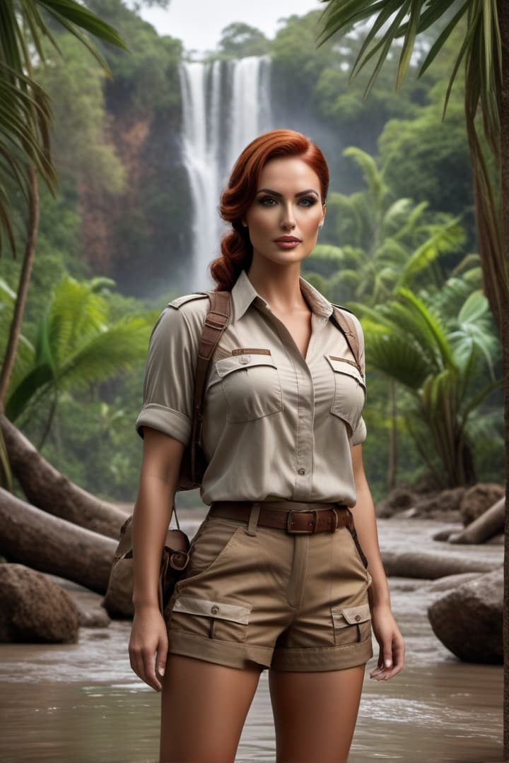  1930’s era young female,auburn haired,jungle explorer ,,wearing her khaki shorts and shirt with khaki knee socks ,standing waist high in mud hyperrealistic, full body, detailed clothing, highly detailed, cinematic lighting, stunningly beautiful, intricate, sharp focus, f/1. 8, 85mm, (centered image composition), (professionally color graded), ((bright soft diffused light)), volumetric fog, trending on instagram, trending on tumblr, HDR 4K, 8K