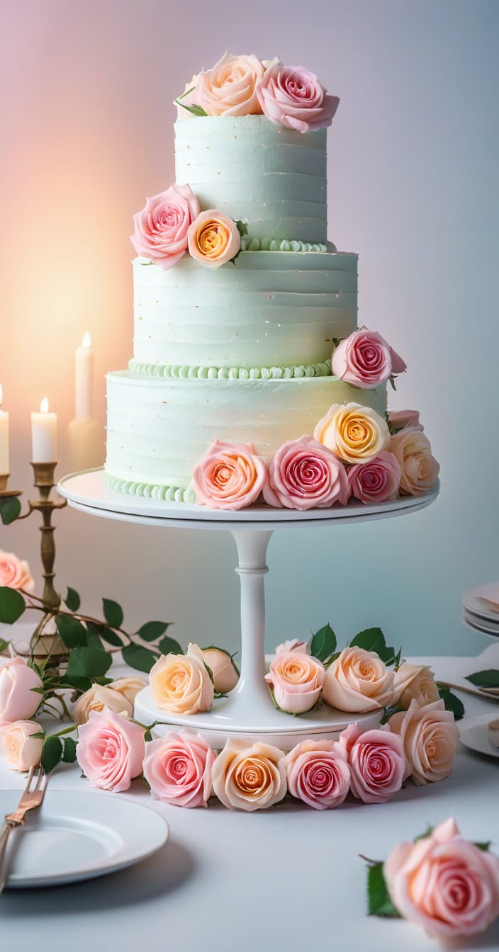  cinematic photo photo of a white cake with pastel roses . 35mm photograph, film, bokeh, professional, 4k, highly detailed hyperrealistic, full body, detailed clothing, highly detailed, cinematic lighting, stunningly beautiful, intricate, sharp focus, f/1. 8, 85mm, (centered image composition), (professionally color graded), ((bright soft diffused light)), volumetric fog, trending on instagram, trending on tumblr, HDR 4K, 8K