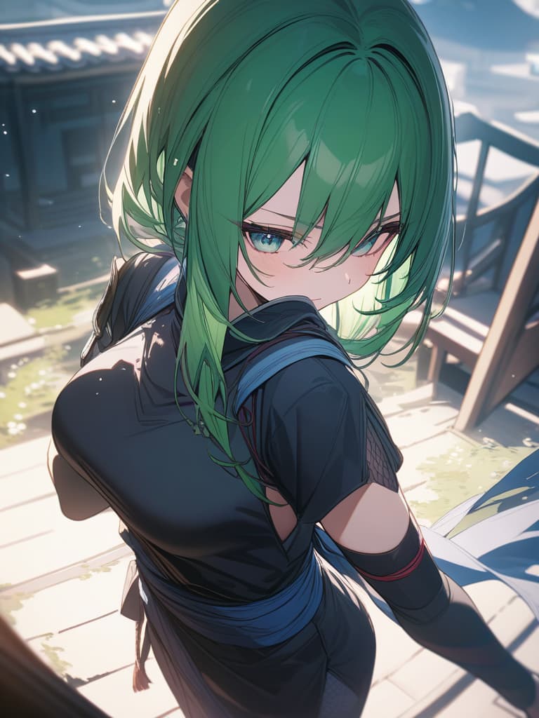  Ninja, green hair, ninja costume, masterpiece, best quality,8k,ultra detailed,high resolution,an extremely delicate and beautiful,hyper detail