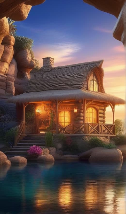  realistic image, photography, Incorporate the style of Bec Winnel into a high resolution, 8K image featuring a low angle view at sunset. The scene depicts a luxurious man's cave cabin adorned with detailed limestone, nestled on a rocky beach with a fountain park and enchanted floral background. The setting exudes a mystical glow, with an intricate, luminous, and vivid light ray effect, creating an ethereal fantasy concept art. The oasis surrounding the cabin is meticulously detailed, showcasing a blend of natural elements and artistic glowing features. The overall composition should be magnificent, celestial, and majestic, evoking a sense of magic and wonder. Embrace a painterly approach to capture the essence of a dreamy, epic landscape in