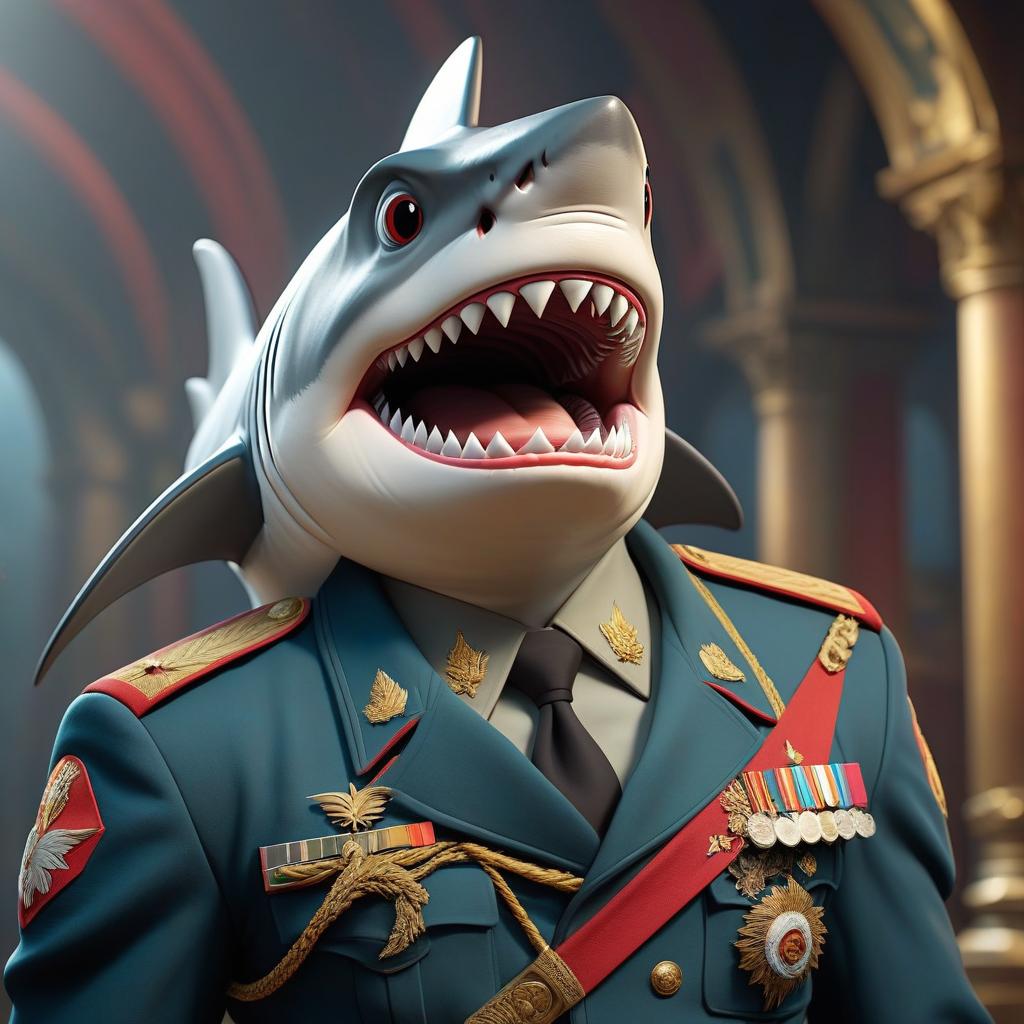  fighting game style A shark in a Russian military uniform with captain's epaulettes saluting. . dynamic, vibrant, action packed, detailed character design, reminiscent of fighting video games hyperrealistic, full body, detailed clothing, highly detailed, cinematic lighting, stunningly beautiful, intricate, sharp focus, f/1. 8, 85mm, (centered image composition), (professionally color graded), ((bright soft diffused light)), volumetric fog, trending on instagram, trending on tumblr, HDR 4K, 8K