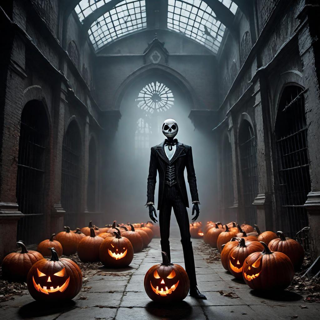  Jack Skellington, known as Jack the Pumpkin King, as an inmate at Arkham Asylum. The scene is set in the dark, eerie halls of Arkham Asylum with Gothic architecture. Jack Skellington is dressed in a tattered straightjacket and has menacing, glowing red eyes. He is surrounded by classic Batman villains like the Joker and Harley Quinn, all in their nightmarish forms. The asylum is filled with eerie, twisted trees and ghostly pumpkins. The atmosphere is haunting, filled with fog, and the color palette is dominated by dark, foreboding hues - blacks, deep reds, and ghostly greys. hyperrealistic, full body, detailed clothing, highly detailed, cinematic lighting, stunningly beautiful, intricate, sharp focus, f/1. 8, 85mm, (centered image composition), (professionally color graded), ((bright soft diffused light)), volumetric fog, trending on instagram, trending on tumblr, HDR 4K, 8K