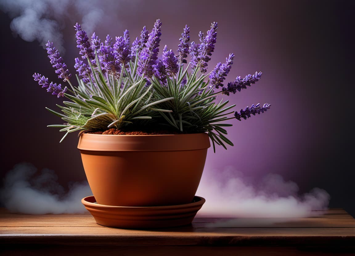  concept art "Home flowers of lavender color in a terracotta pot." . digital artwork, illustrative, painterly, matte painting, highly detailed, hkmagic hyperrealistic, full body, detailed clothing, highly detailed, cinematic lighting, stunningly beautiful, intricate, sharp focus, f/1. 8, 85mm, (centered image composition), (professionally color graded), ((bright soft diffused light)), volumetric fog, trending on instagram, trending on tumblr, HDR 4K, 8K