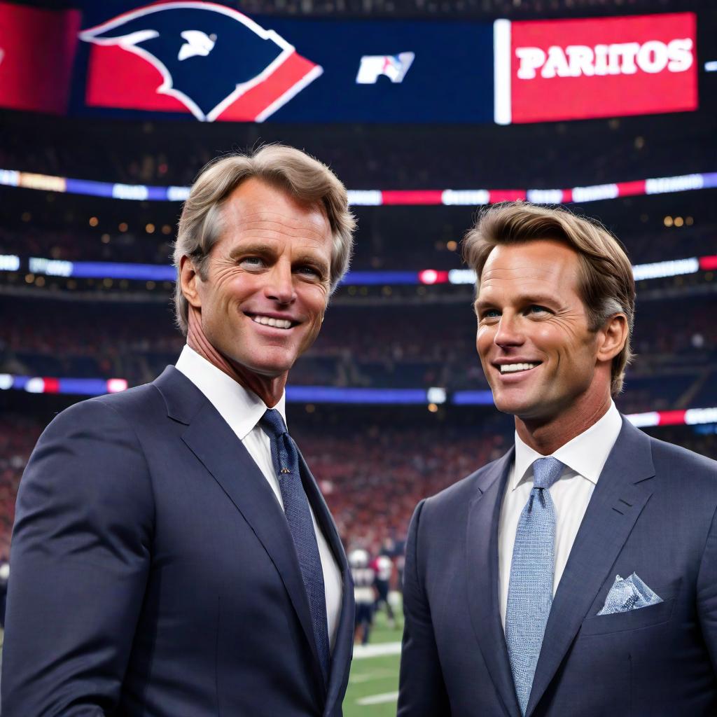  Robert F. Kennedy Jr. and Tom Brady standing together with the New England Patriots football logo in the background. Tom Brady should be in his Patriots uniform holding a football, and Robert F. Kennedy Jr. should be dressed in a suit, smiling. The background should prominently feature the New England Patriots logo. hyperrealistic, full body, detailed clothing, highly detailed, cinematic lighting, stunningly beautiful, intricate, sharp focus, f/1. 8, 85mm, (centered image composition), (professionally color graded), ((bright soft diffused light)), volumetric fog, trending on instagram, trending on tumblr, HDR 4K, 8K