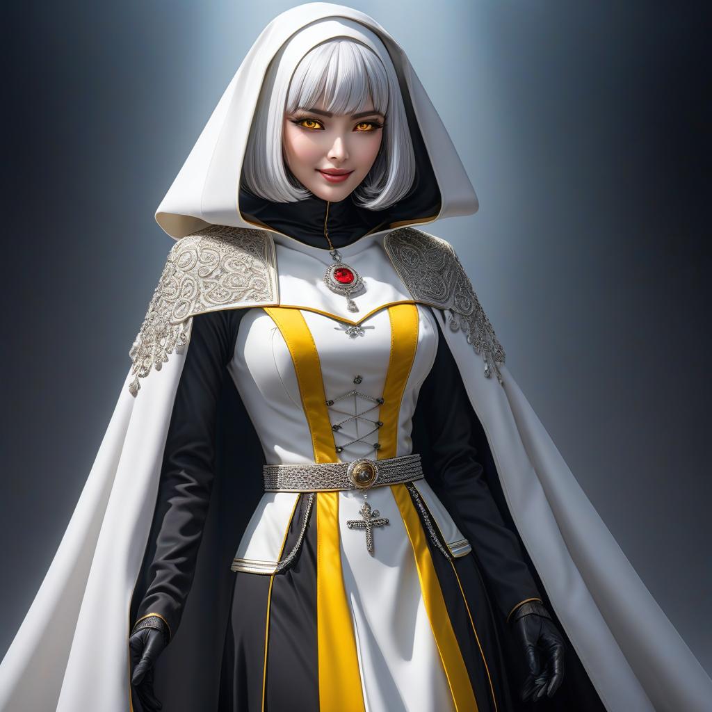  1, age , , body, small brests, nun, (full body), hourgl figure, silver hair, bob cut, bright yellow eyes, glowing eyes, white clothing, nun habit, white cloak, looks at viewer, smile, sly smile, , (( face)), cunning, (extremely hyper detailed face), (masterpiece:1.4), (perfect eyes:1.1), (perfect hands), 2d, anime, extremely detailed clothes. hyperrealistic, full body, detailed clothing, highly detailed, cinematic lighting, stunningly beautiful, intricate, sharp focus, f/1. 8, 85mm, (centered image composition), (professionally color graded), ((bright soft diffused light)), volumetric fog, trending on instagram, trending on tumblr, HDR 4K, 8K