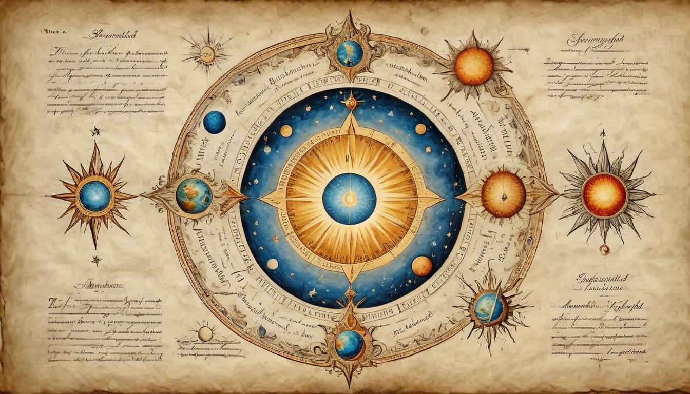  on parchment, surrealism+++, Supernova of wisdom, radiant light emanating, cosmic revelation, powerful, illuminating(mysterious, provocative, symbolic,muted color)+++