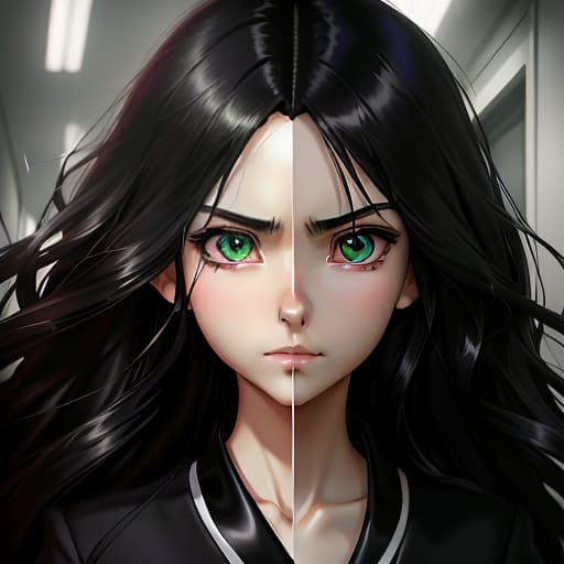  beautiful , , green eyes, long black wavy hair, slender figure, small neat s, dressed in a black dress with a white collar and white cuffs, full length, against the backdrop of a corridor., Manga big eyes expressive faces colorful hair Hayao Miyazaki Masashi Kishimoto Makoto Shinkai CLAMP Yoshiyuki Sadamoto hyperrealistic, full body, detailed clothing, highly detailed, cinematic lighting, stunningly beautiful, intricate, sharp focus, f/1. 8, 85mm, (centered image composition), (professionally color graded), ((bright soft diffused light)), volumetric fog, trending on instagram, trending on tumblr, HDR 4K, 8K