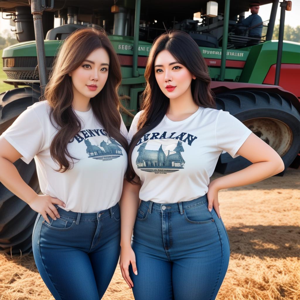  2 Chubby American girls in tshirt and jeans portrait at farm, bulls in Background, Tractor in background, Clean face details hyperrealistic, full body, detailed clothing, highly detailed, cinematic lighting, stunningly beautiful, intricate, sharp focus, f/1. 8, 85mm, (centered image composition), (professionally color graded), ((bright soft diffused light)), volumetric fog, trending on instagram, trending on tumblr, HDR 4K, 8K