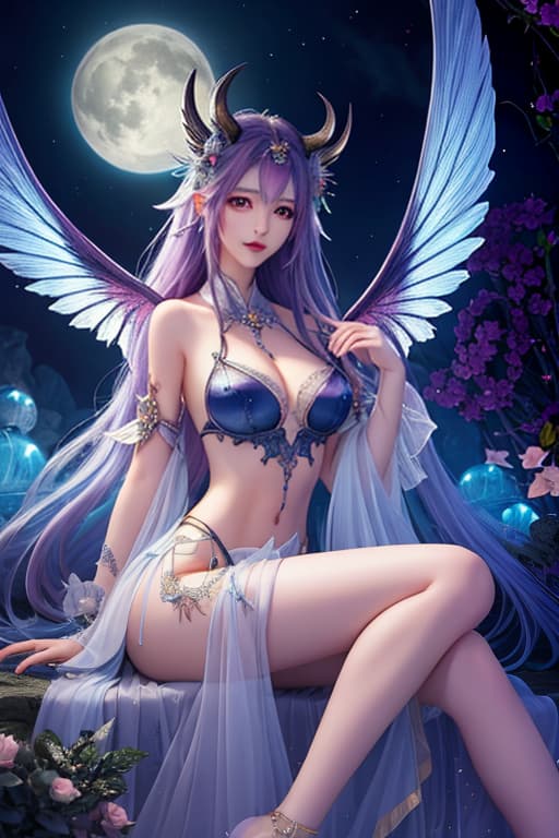  ((best quality)), ((masterpiece)), (detailed), alluring succubus, ethereal beauty, perched on a cloud, (fantasy illustration:1.3), enchanting gaze, captivating pose, delicate wings, otherworldly charm, mystical sky, (Luis Royo:1.2), (Yoshitaka Amano:1.1), moonlit night, soft colors, (detailed cloudscape:1.3), (high resolution:1.2) hyperrealistic, full body, detailed clothing, highly detailed, cinematic lighting, stunningly beautiful, intricate, sharp focus, f/1. 8, 85mm, (centered image composition), (professionally color graded), ((bright soft diffused light)), volumetric fog, trending on instagram, trending on tumblr, HDR 4K, 8K