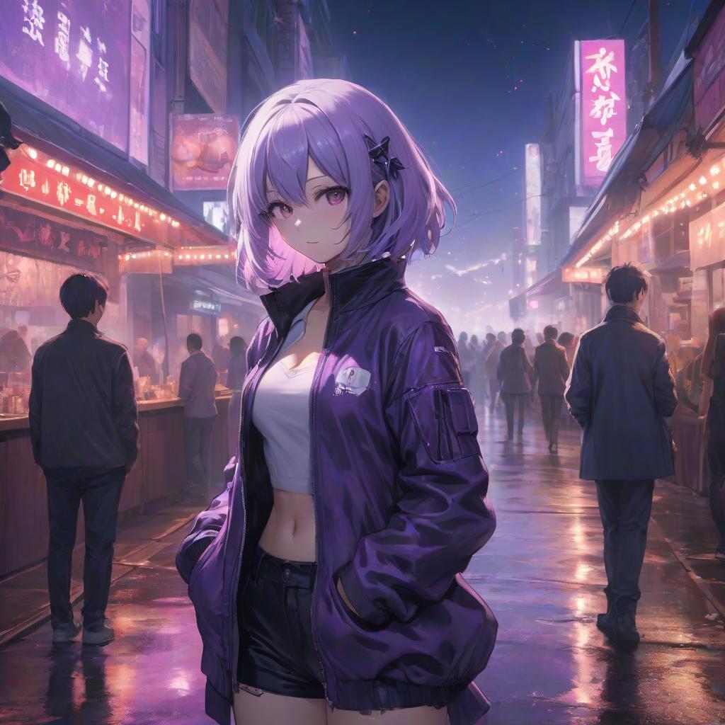  a woman standing in front of a purple background, artwork in the style of guweiz, character album cover, distant twinkling stars, wrecked technology, tokyo ghoul, in a sidewalk cafe, the diskworld, breakcore, by Sō Shiseki, so s 1 4 8 ft light, official artwork, diskworld, hairworks hyperrealistic, full body, detailed clothing, highly detailed, cinematic lighting, stunningly beautiful, intricate, sharp focus, f/1. 8, 85mm, (centered image composition), (professionally color graded), ((bright soft diffused light)), volumetric fog, trending on instagram, trending on tumblr, HDR 4K, 8K