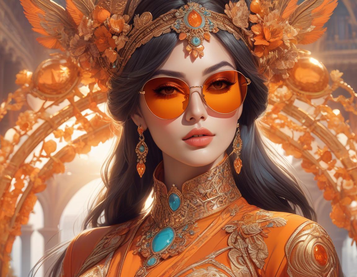  a close up of a woman wearing sunglasses, digital art, fantasy art, orange details, trending in behance, ornate cosplay, beautiful retro art, andrei riabovitchev symmetrical, best of behance, innocent look rich vivid colors, 2 d cg, oriental art nouveau, anton fadeev 8 k, masterpiece ; behance hd hyperrealistic, full body, detailed clothing, highly detailed, cinematic lighting, stunningly beautiful, intricate, sharp focus, f/1. 8, 85mm, (centered image composition), (professionally color graded), ((bright soft diffused light)), volumetric fog, trending on instagram, trending on tumblr, HDR 4K, 8K