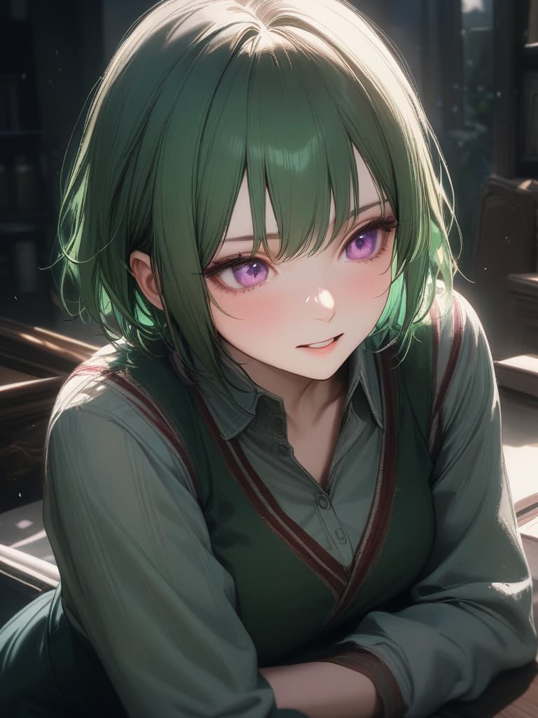  1girl,18yo,green hair, short hair undercut,purple eyes,green suit,very loud laugh, realistic, masterpiece, best quality,8k,ultra detailed,high resolution,an extremely delicate and beautiful,hyper detail