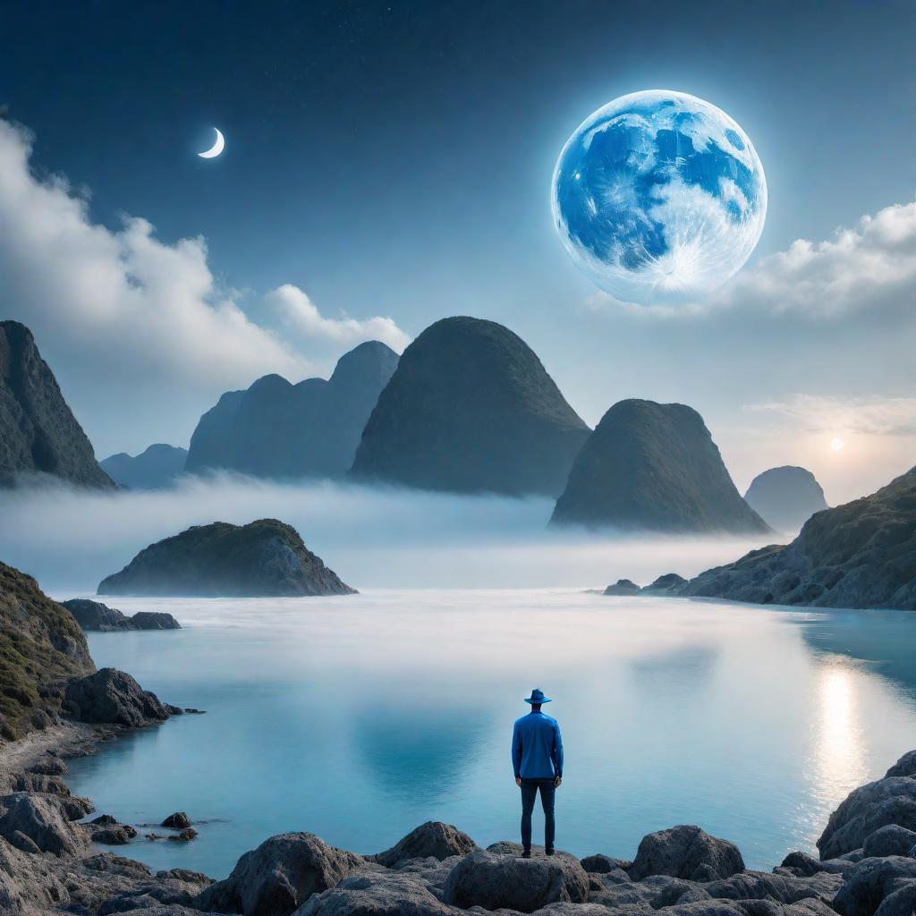  A mysterious man in a blue hat facing away, holding the Earth hovering in his hands, with the sea and moon overhead. The man's face is not visible. hyperrealistic, full body, detailed clothing, highly detailed, cinematic lighting, stunningly beautiful, intricate, sharp focus, f/1. 8, 85mm, (centered image composition), (professionally color graded), ((bright soft diffused light)), volumetric fog, trending on instagram, trending on tumblr, HDR 4K, 8K