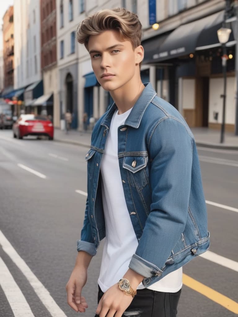  An individual in casual clothing, wearing a stylish blue denim jacket over a white t shirt, paired with black jeans. The person is standing in a fashionable urban setting.