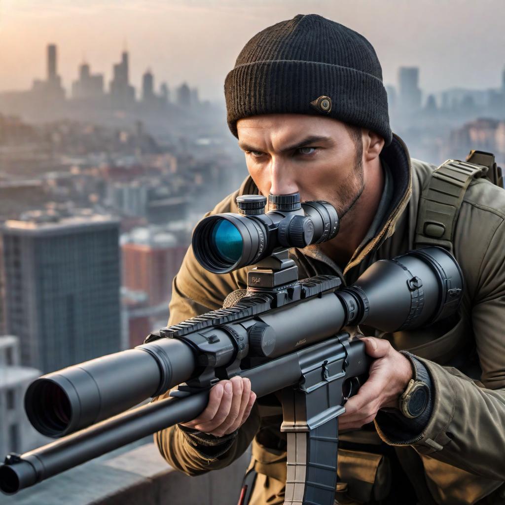  A close-up view of a sniper looking through the scope of a rifle, focusing intensely on the target. The sniper is positioned in a strategic location, with buildings and urban scenery in the background. The scene conveys a sense of precision and tension. hyperrealistic, full body, detailed clothing, highly detailed, cinematic lighting, stunningly beautiful, intricate, sharp focus, f/1. 8, 85mm, (centered image composition), (professionally color graded), ((bright soft diffused light)), volumetric fog, trending on instagram, trending on tumblr, HDR 4K, 8K