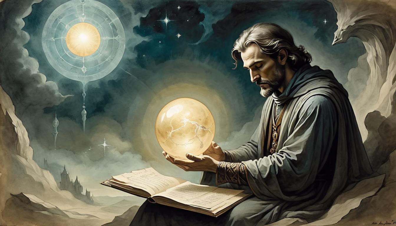  on parchment, surrealism+++, A contemplative figure surrounded by ethereal light, holding a glowing orb representing inspiration, background depicting a dark, mundane setting, contrast, mystical, introspective(mysterious, provocative, symbolic,muted color)+++