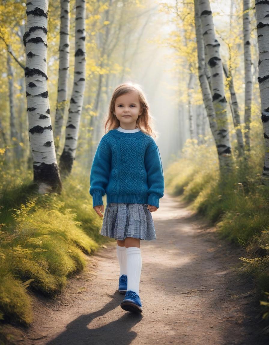  A cheerful Little girl is walking along a birch alley, wearing a sweater, white socks and blue shoes, with a bright satchel hyperrealistic, full body, detailed clothing, highly detailed, cinematic lighting, stunningly beautiful, intricate, sharp focus, f/1. 8, 85mm, (centered image composition), (professionally color graded), ((bright soft diffused light)), volumetric fog, trending on instagram, trending on tumblr, HDR 4K, 8K