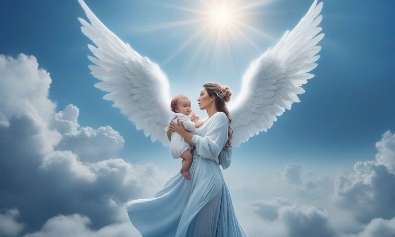  An angel is holding a baby in his hand, flying in the blue sky, surrounded by clouds, realistic. hyperrealistic, full body, detailed clothing, highly detailed, cinematic lighting, stunningly beautiful, intricate, sharp focus, f/1. 8, 85mm, (centered image composition), (professionally color graded), ((bright soft diffused light)), volumetric fog, trending on instagram, trending on tumblr, HDR 4K, 8K