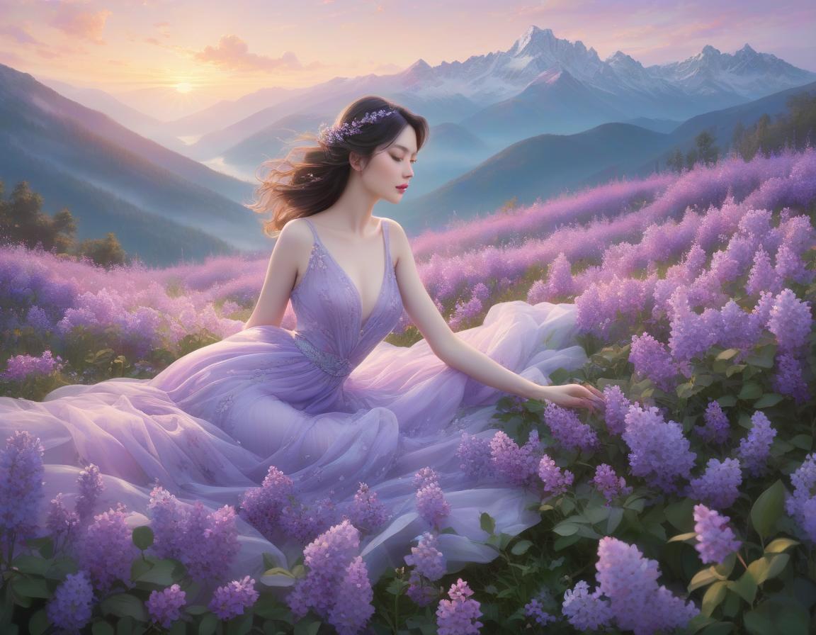  A serene painting of a girl in a lilac dress, lying in a field of purple flowers with mountains and a sunset in the background. tranquility and beauty, with elements like ethereal violet grass, tiny flowers, and soft winds. The artwork of Yelena Yushina and Kaoru Yamada is noted for its watercolor style and delicate details. The overall ambiance is described as dreamy, magical, and cozy, with a focus on soft colors and misty effects. The imagery evokes a sense of realism and elegance, with intricate and beautiful elements like blossoms and snow. hyperrealistic, full body, detailed clothing, highly detailed, cinematic lighting, stunningly beautiful, intricate, sharp focus, f/1. 8, 85mm, (centered image composition), (professionally color graded), ((bright soft diffused light)), volumetric fog, trending on instagram, trending on tumblr, HDR 4K, 8K