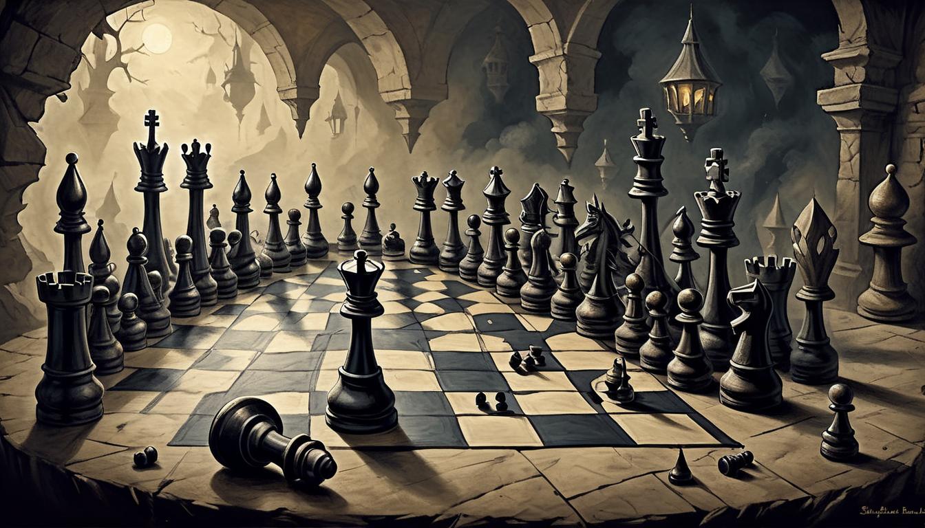  on parchment, surrealism+++, A chessboard with pieces arranged in a complex strategy, some pieces toppled over, hands emerging from the shadows repositioning pieces, hint of manipulation, strategic, methodical, dark ambiance(mysterious, provocative, symbolic,muted color)+++