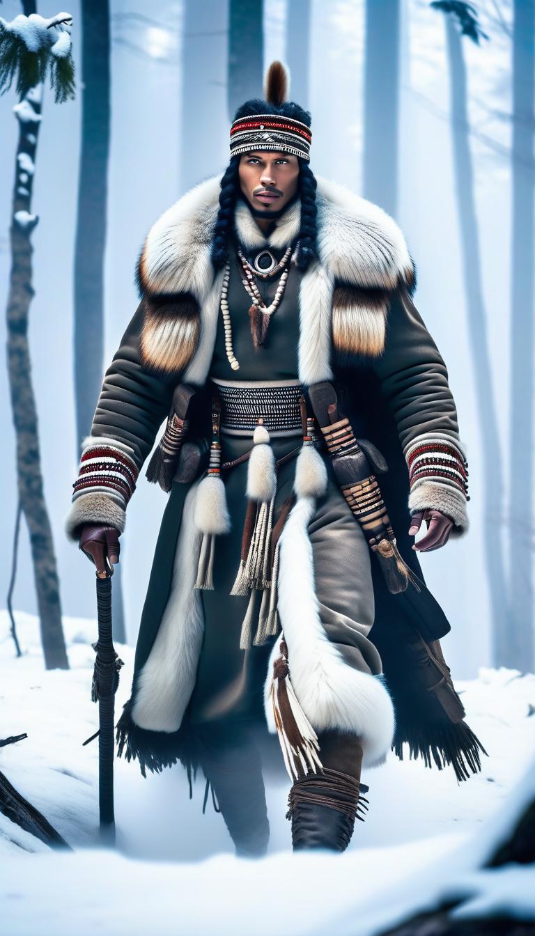  two young men in the clothing of northern tribes, walking through the forest in the winter. snow surrounds them. they are visible in full height. hyperrealistic, full body, detailed clothing, highly detailed, cinematic lighting, stunningly beautiful, intricate, sharp focus, f/1. 8, 85mm, (centered image composition), (professionally color graded), ((bright soft diffused light)), volumetric fog, trending on instagram, trending on tumblr, HDR 4K, 8K