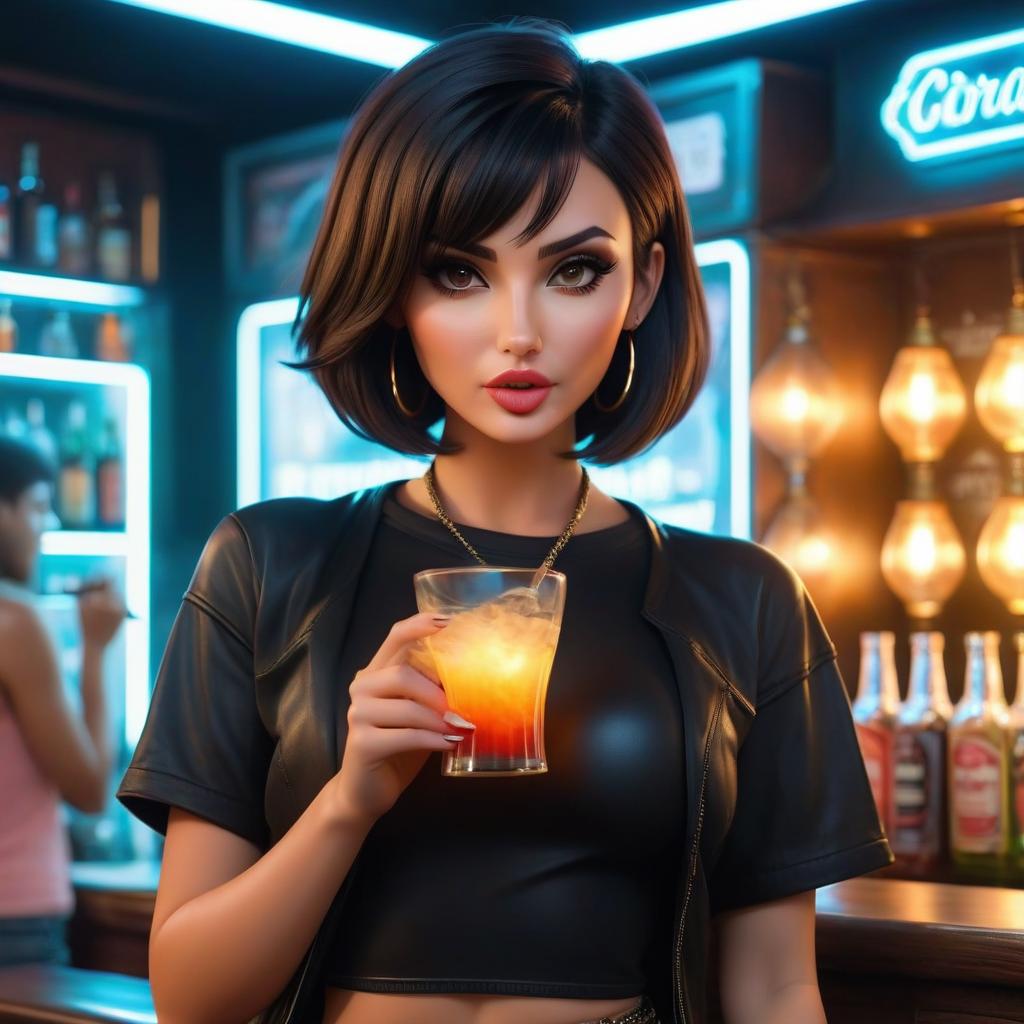  Girl, dark hair, pixie cut, wearing a black tank top and denim shorts in a black leather jacket, the girl is smoking a hookah. Replace the glass with a hookah in her hands. hyperrealistic, full body, detailed clothing, highly detailed, cinematic lighting, stunningly beautiful, intricate, sharp focus, f/1. 8, 85mm, (centered image composition), (professionally color graded), ((bright soft diffused light)), volumetric fog, trending on instagram, trending on tumblr, HDR 4K, 8K