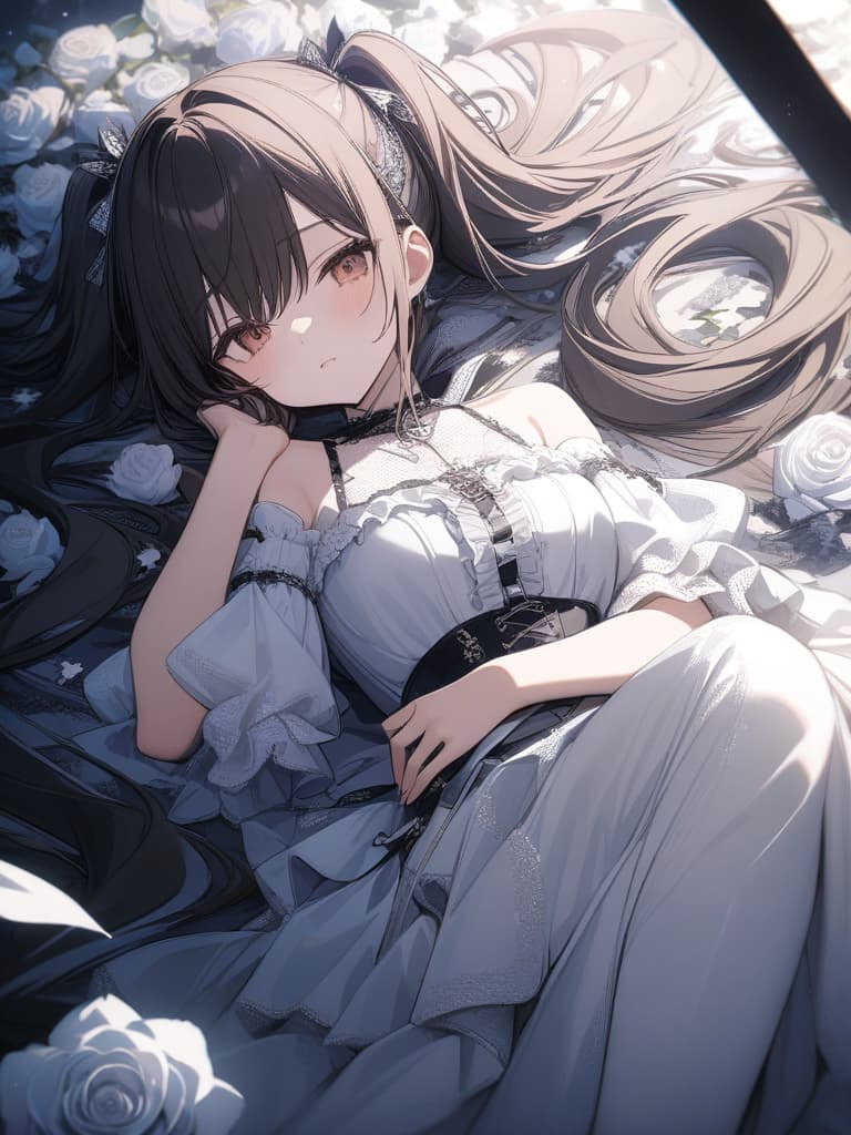  Girl, hair color beige, gothic fashion with many red, white frills, many white roses, white roses, stars, fleeting, light, twin tails, lying down, lying down, masterpiece, best quality,8k,ultra detailed,high resolution,an extremely delicate and beautiful,hyper detail