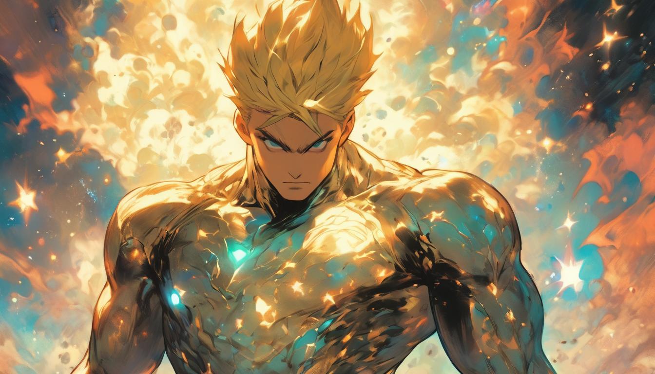  hyperrealism,fantasy aesthetic1man, attractive blonde arian male humanoid, cosmic evolution depiction, surrounded by nebulae and stars, transformative aura, high tech clothing clad in sleek, futuristic costume with metallic accents and form fitting designs, marvel superhero comics style, unreal engine rendering