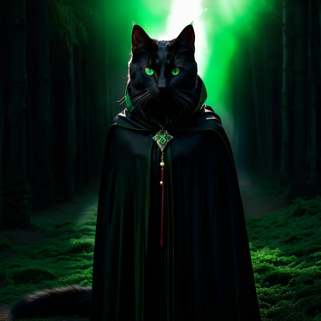  A black cat boy magician with green eyes in a black cape adorned with runes. hyperrealistic, full body, detailed clothing, highly detailed, cinematic lighting, stunningly beautiful, intricate, sharp focus, f/1. 8, 85mm, (centered image composition), (professionally color graded), ((bright soft diffused light)), volumetric fog, trending on instagram, trending on tumblr, HDR 4K, 8K