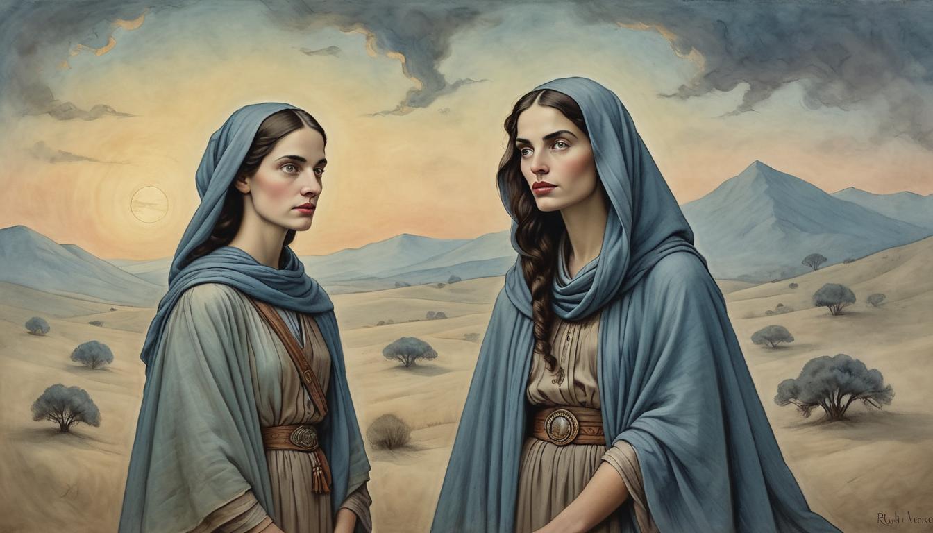  on parchment, surrealism+++, Ruth, with Naomi, standing under a twilight sky, Ruth's head covered with a traditional cloth, hand clasping Naomi's, resolute expressions, determination and loyalty, soft pastel hues of dusk, unwavering commitment(mysterious, provocative, symbolic,muted color)+++