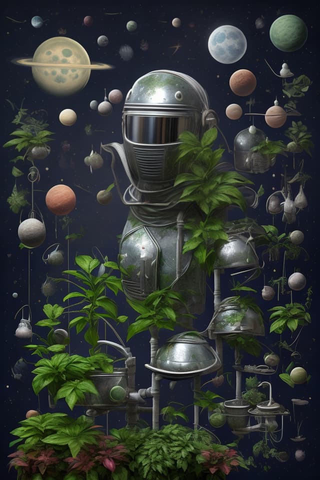  mjhelmet artstyle, celestial lunar greenhouse with plants from various celestial bodies, holding Dishwasher