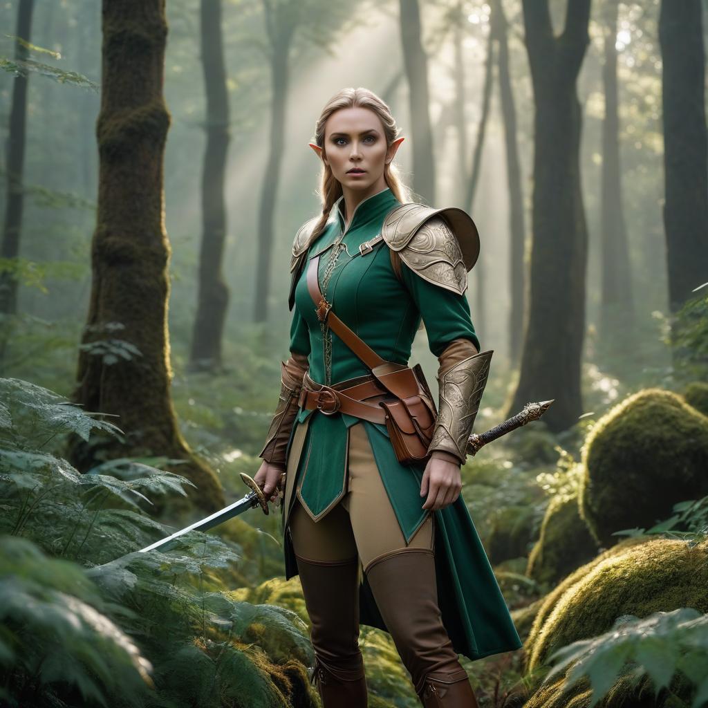  photo, Elf with a sword, in the forest, , full size, hyperrealistic, full body, detailed clothing, highly detailed, cinematic lighting, stunningly beautiful, intricate, sharp focus, f/1. 8, 85mm, (centered image composition), (professionally color graded), ((bright soft diffused light)), volumetric fog, trending on instagram, trending on tumblr, HDR 4K, 8K