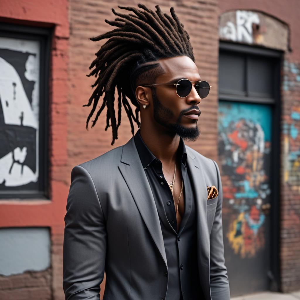  A well-dressed black man from the urban era with dreadlocks. He is stylishly dressed in fashionable urban attire, exuding confidence and sophistication. The background showcases a gritty urban neighborhood with projects buildings and street art, capturing the essence of urban culture and diversity. hyperrealistic, full body, detailed clothing, highly detailed, cinematic lighting, stunningly beautiful, intricate, sharp focus, f/1. 8, 85mm, (centered image composition), (professionally color graded), ((bright soft diffused light)), volumetric fog, trending on instagram, trending on tumblr, HDR 4K, 8K