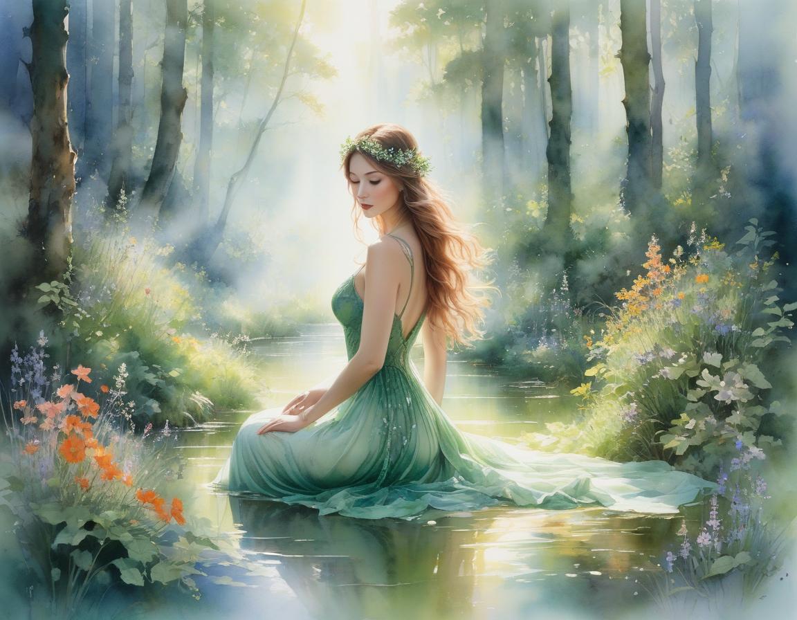  In the style of Nathalie Picoulet, an awe inspiring watercolor painting transports viewers to a magical forest. At the center of this enchanting scene stands a breathtakingly beautiful woman, her ethereal presence suffused with the essence of nature. Delicate brushstrokes depict her flowing hair intertwined with vibrant wildflowers, each petal meticulously detailed. Her emerald eyes emanate a captivating radiance, perfectly mirroring the lush greenery surrounding her. This meticulously crafted image evokes a sense of wonder, inviting spectators to explore the mystical world captured within this stunning watercolor masterpiece. hyperrealistic, full body, detailed clothing, highly detailed, cinematic lighting, stunningly beautiful, intricate, sharp focus, f/1. 8, 85mm, (centered image composition), (professionally color graded), ((bright soft diffused light)), volumetric fog, trending on instagram, trending on tumblr, HDR 4K, 8K