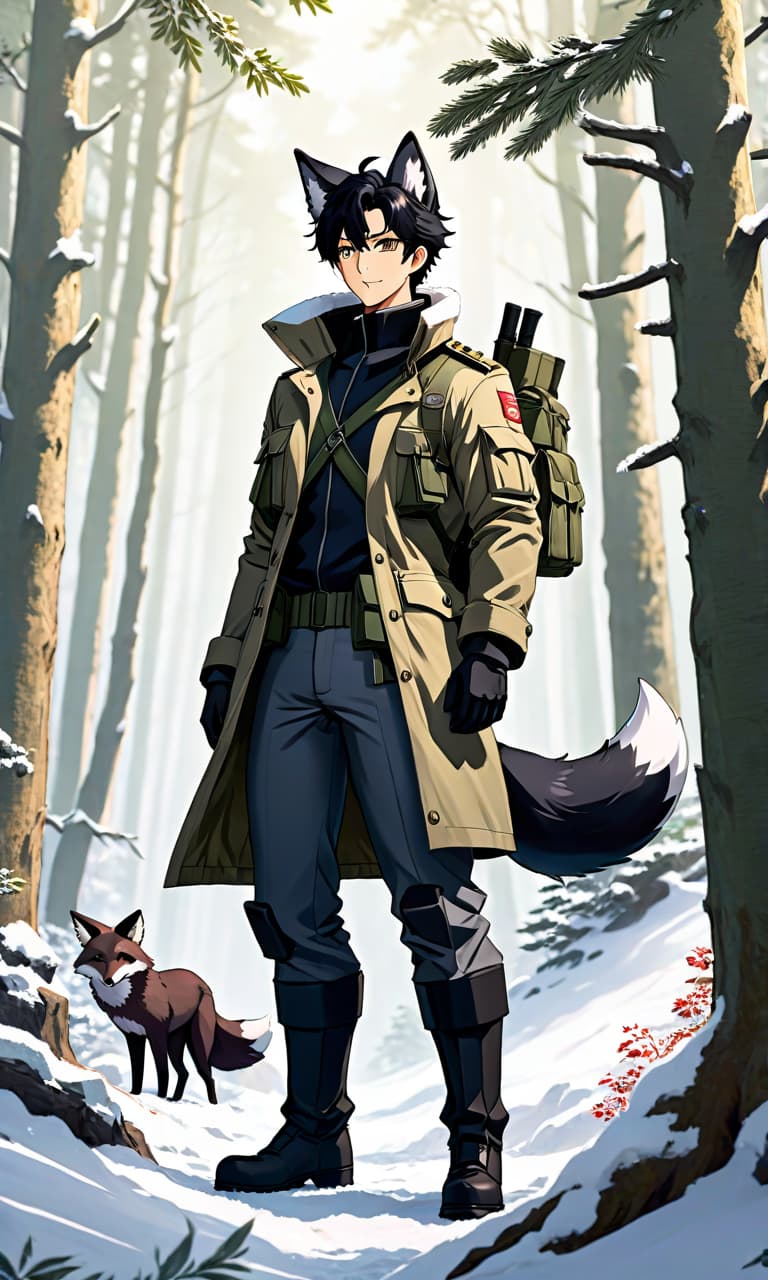  anime artwork A man with black hair and dark fox like ears, of solid build, wearing military camouflage clothing in a winter forest, stands tall with three black tails, smiling. . anime style, key visual, vibrant, studio anime, highly detailed hyperrealistic, full body, detailed clothing, highly detailed, cinematic lighting, stunningly beautiful, intricate, sharp focus, f/1. 8, 85mm, (centered image composition), (professionally color graded), ((bright soft diffused light)), volumetric fog, trending on instagram, trending on tumblr, HDR 4K, 8K