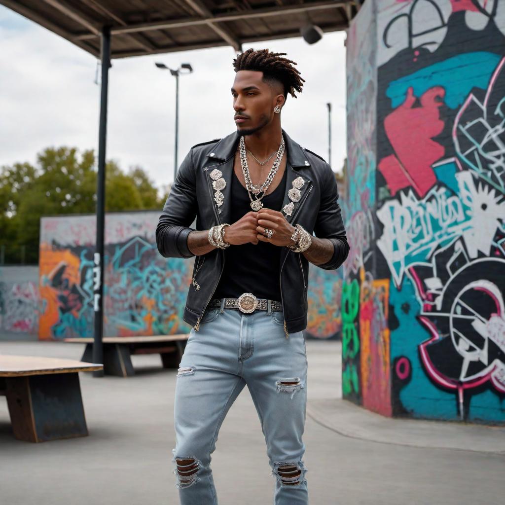  A male model at a skatepark wearing high-end diamond jewelry. The model is stylishly dressed in trendy streetwear fashion, with chains, rings, and a diamond-encrusted watch clearly visible. The skatepark has ramps, graffiti, and a chill urban vibe. hyperrealistic, full body, detailed clothing, highly detailed, cinematic lighting, stunningly beautiful, intricate, sharp focus, f/1. 8, 85mm, (centered image composition), (professionally color graded), ((bright soft diffused light)), volumetric fog, trending on instagram, trending on tumblr, HDR 4K, 8K