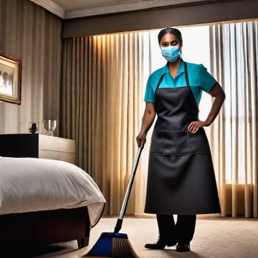  housekeeping person hyperrealistic, full body, detailed clothing, highly detailed, cinematic lighting, stunningly beautiful, intricate, sharp focus, f/1. 8, 85mm, (centered image composition), (professionally color graded), ((bright soft diffused light)), volumetric fog, trending on instagram, trending on tumblr, HDR 4K, 8K