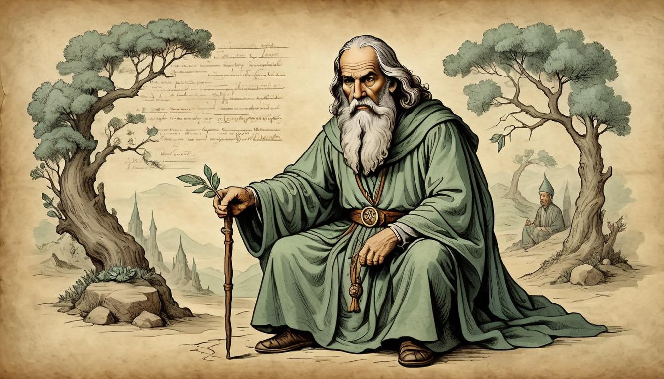  on parchment, surrealism+++, A wise looking sage with furrowed brows, surrounded by questioning eyes, sage appears calm while others are in confusion, perception, insight, tranquility, unease(mysterious, provocative, symbolic,muted color)+++