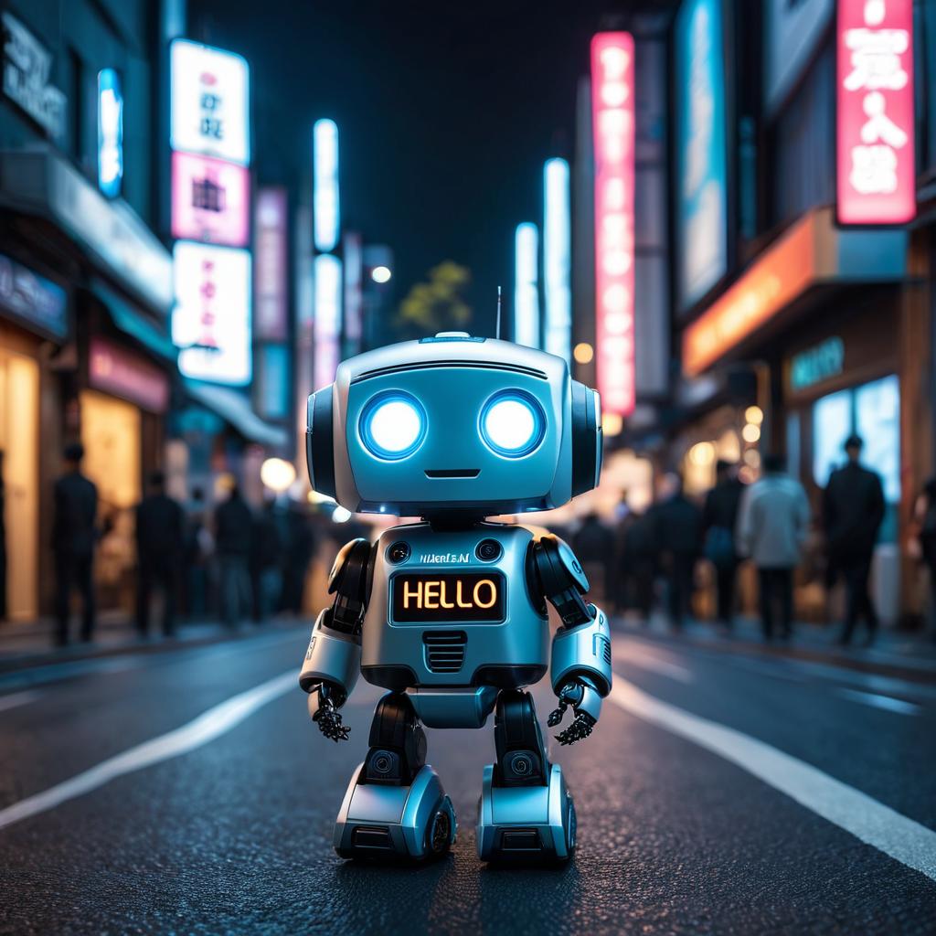  a cute mini robot holding a board with text hello human on night streets of tokyo city hyperrealistic, full body, detailed clothing, highly detailed, cinematic lighting, stunningly beautiful, intricate, sharp focus, f/1. 8, 85mm, (centered image composition), (professionally color graded), ((bright soft diffused light)), volumetric fog, trending on instagram, trending on tumblr, HDR 4K, 8K