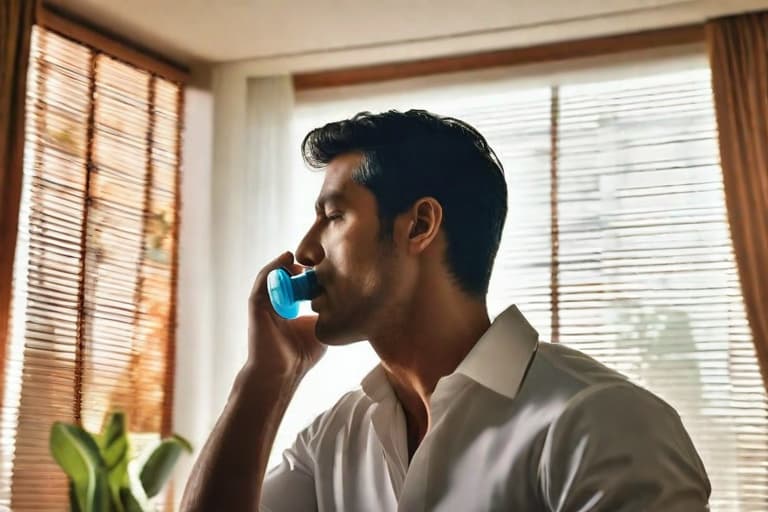  "Realistic image of a middle aged male sitting on a couch in a modest living room, holding an inhaler close to his mouth, taking a deep breath. His expression shows mild distress but also relief. The background features a window with soft daylight filtering through, a small table with a glass of water, and a few houseplants, creating a calm and supportive environment. The focus is on the man and the inhaler, highlighting the struggle and the relief provided by the medical device. The image is detailed, close up, and realistic, with a warm, empathetic tone."Ensure no face,leg,hand or eye defomities.Ensure all images are clear, detailed, contains no text and no deformities. realistic, highly detailed, photorealistic, cinematic lighting, intri hyperrealistic, full body, detailed clothing, highly detailed, cinematic lighting, stunningly beautiful, intricate, sharp focus, f/1. 8, 85mm, (centered image composition), (professionally color graded), ((bright soft diffused light)), volumetric fog, trending on instagram, trending on tumblr, HDR 4K, 8K