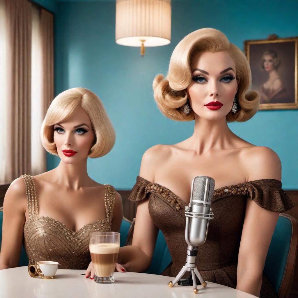  A glamorous vintage 60s cartoon-style podcast cover featuring two women in a beautiful, glamorous room. They are sitting at a table with a prominent microphone and one or two espresso cups. One woman has blonde hair and blue eyes, with a chic bob hairstyle and wearing a stylish dress. The other woman has brown hair and brown eyes with distinct facial features and long wavy hair, wearing a retro outfit. The background includes elements of a glamorous room from the 60s, with elegant decor, luxurious furniture, and a warm, inviting atmosphere. The women are having fun, laughing, and talking, with enhanced lively expressions. Ensure the microphone is clearly included on the table for the podcast setup. The overall style is bright, colorful, and hyperrealistic, full body, detailed clothing, highly detailed, cinematic lighting, stunningly beautiful, intricate, sharp focus, f/1. 8, 85mm, (centered image composition), (professionally color graded), ((bright soft diffused light)), volumetric fog, trending on instagram, trending on tumblr, HDR 4K, 8K