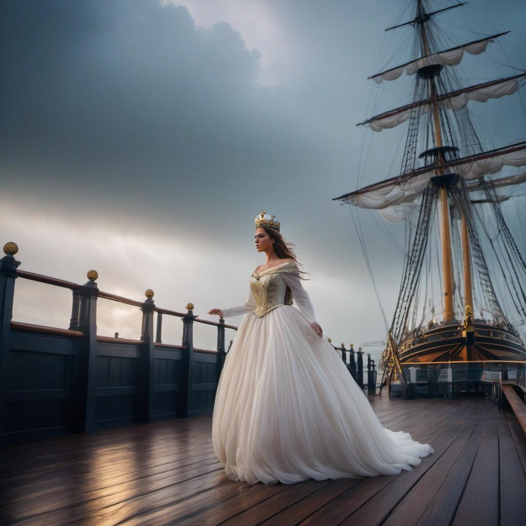  cinematic photo A girl in a diamond crown on the deck of HMS Victory in a storm. . 35mm photograph, film, bokeh, professional, 4k, highly detailed hyperrealistic, full body, detailed clothing, highly detailed, cinematic lighting, stunningly beautiful, intricate, sharp focus, f/1. 8, 85mm, (centered image composition), (professionally color graded), ((bright soft diffused light)), volumetric fog, trending on instagram, trending on tumblr, HDR 4K, 8K