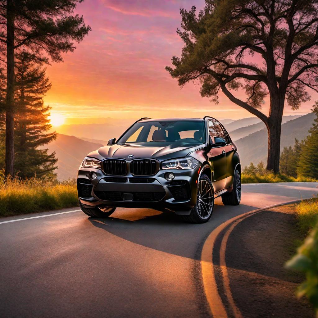  A black BMW X5 cruising on a road with a stunning sunset in the background. The scene should feature the car in motion, with the road stretching ahead, trees or scenic landscapes on the sides, and a sky ablaze with the colors of sunset, blending oranges, pinks, and purples. hyperrealistic, full body, detailed clothing, highly detailed, cinematic lighting, stunningly beautiful, intricate, sharp focus, f/1. 8, 85mm, (centered image composition), (professionally color graded), ((bright soft diffused light)), volumetric fog, trending on instagram, trending on tumblr, HDR 4K, 8K