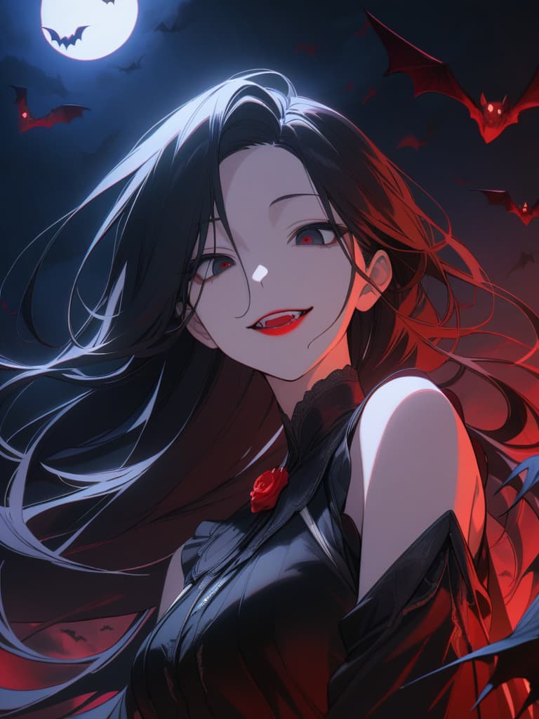  ((Long black hair,parted bangs,forehead,black eyes,long eyes,thin eyes,hanging eyes,double teeth,dark circles,blood,bright red lips,invincible smile,vampires,bats)),(Vampire mant,night sky,moonlight,red moon,red rose),, masterpiece, best quality,8k,ultra detailed,high resolution,an extremely delicate and beautiful,hyper detail