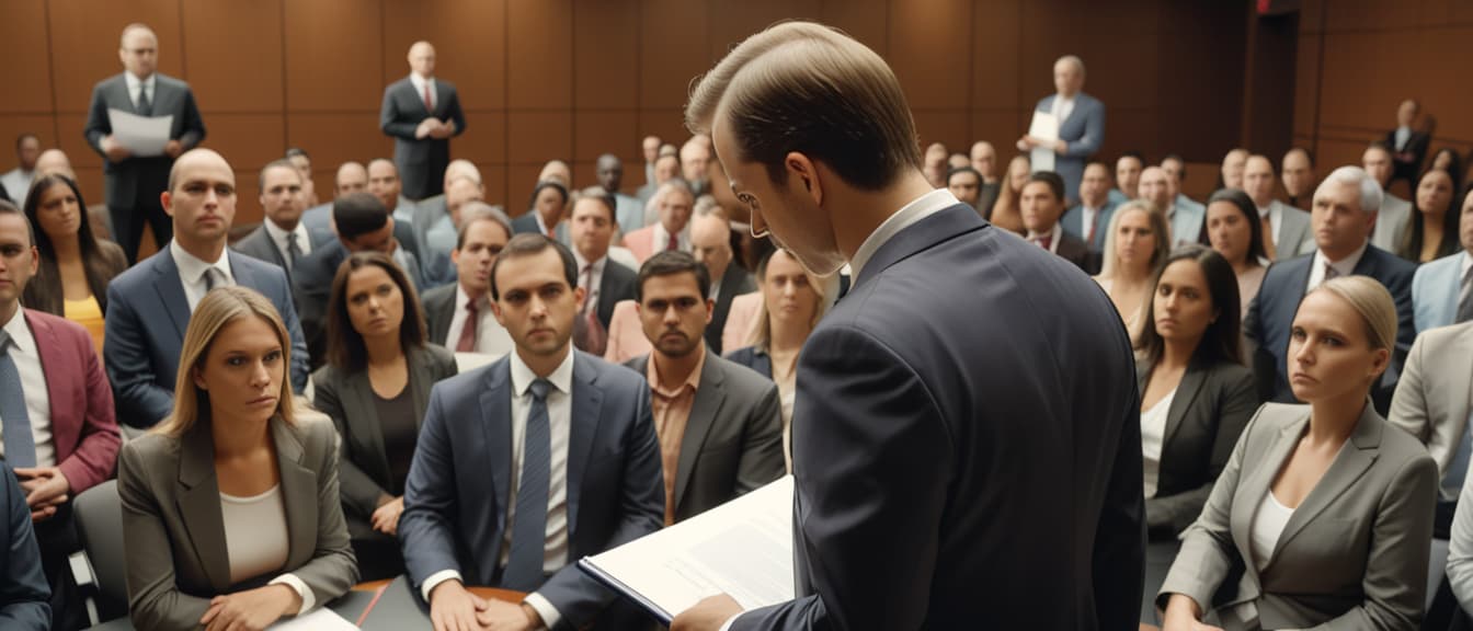  Caucasian man with serious expression at head of conference room, holding file for his speech, surrounded by attentive audience, focused and attentive atmosphere, like a lawyer doing an advocacy