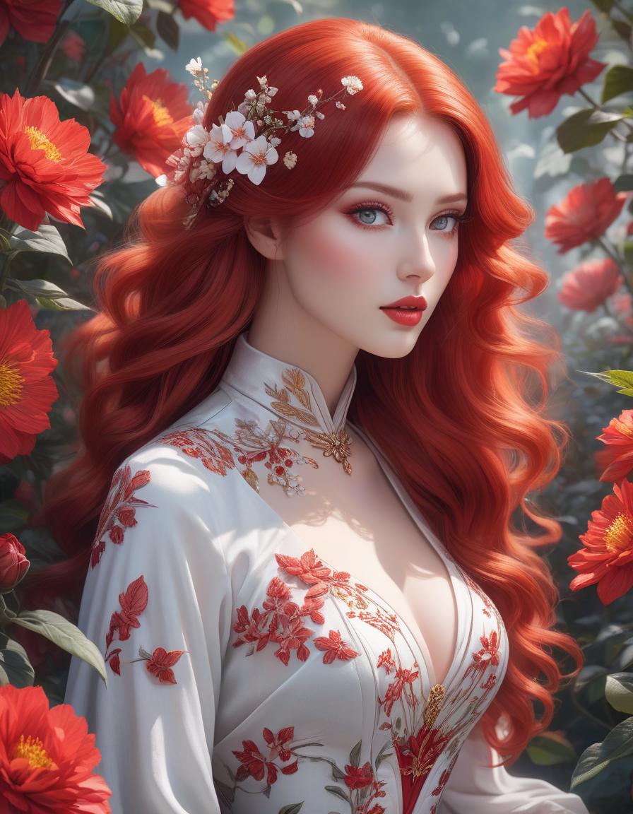  concept art The best AI image of an exquisitely beautiful woman with beautiful eyes and beautiful mouth and milky white skin, she has flowing red tresses decorated with red and white flowers and is wearing an insanely beautiful and detailed dress, bold pastel colours . digital artwork, illustrative, painterly, matte painting, highly detailed hyperrealistic, full body, detailed clothing, highly detailed, cinematic lighting, stunningly beautiful, intricate, sharp focus, f/1. 8, 85mm, (centered image composition), (professionally color graded), ((bright soft diffused light)), volumetric fog, trending on instagram, trending on tumblr, HDR 4K, 8K