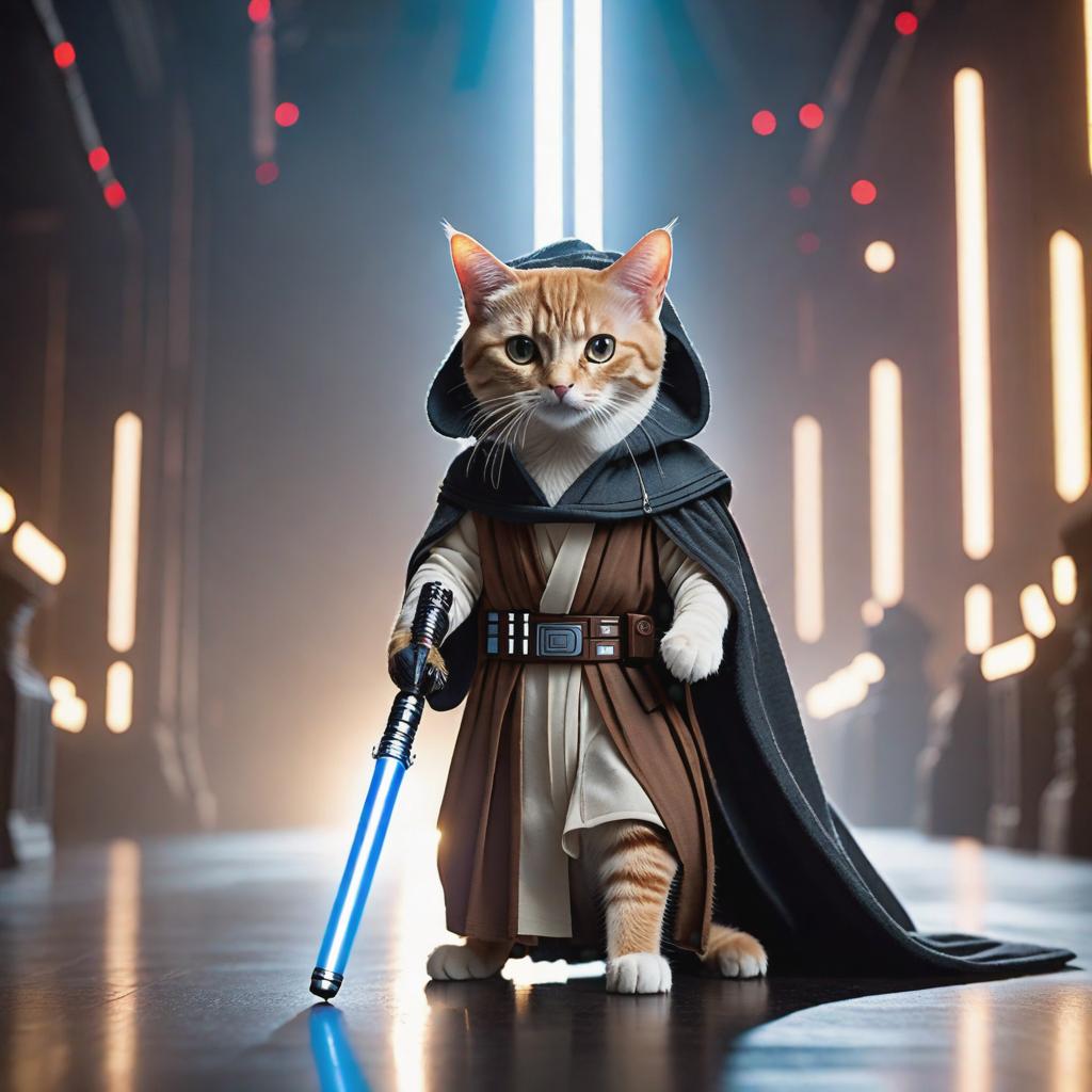  a master jedi cat in star wars holding a lightsaber, wearing a jedi cloak hood, dramatic, cinematic lighting hyperrealistic, full body, detailed clothing, highly detailed, cinematic lighting, stunningly beautiful, intricate, sharp focus, f/1. 8, 85mm, (centered image composition), (professionally color graded), ((bright soft diffused light)), volumetric fog, trending on instagram, trending on tumblr, HDR 4K, 8K