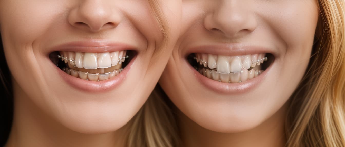  Close up of a woman smiling while wearing orthodontic braces on her teeth